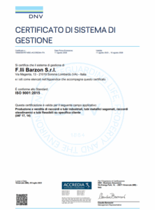 Certificato ISO 9001 di F.lli Barzon S.r.l. – Sistema di gestione qualità certificato