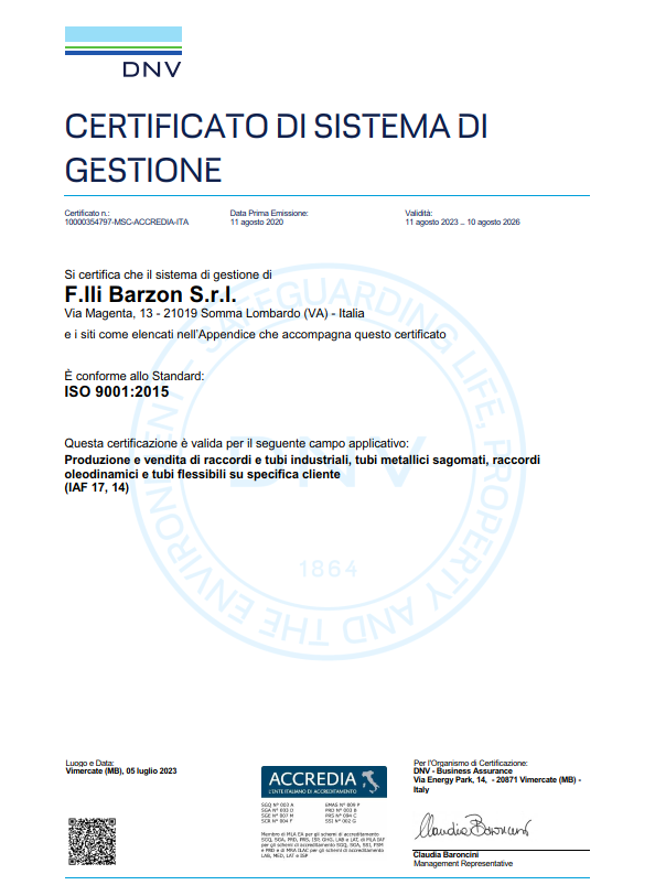 Certificato ISO 9001 di F.lli Barzon S.r.l. – Sistema di gestione qualità certificato